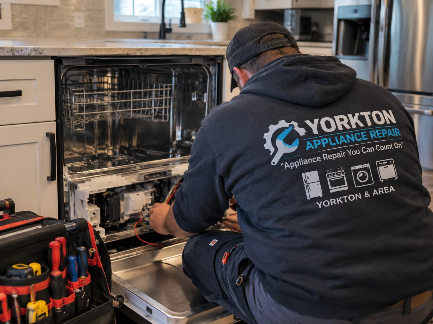 Technician working on the lower section of a dishwasher during an appliance repair service call in Yorkton, Saskatchewan